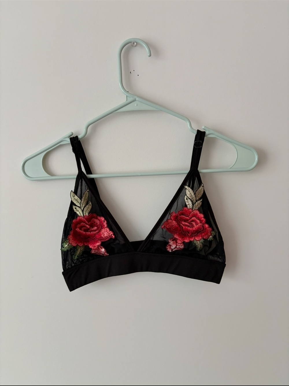 Black Sheer Floral Mesh Bralette with Red Rose Embroidery Lingerie Bra